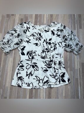 PerSeption Concept White & Black Floral Peplum Blouse Women’s Size Large